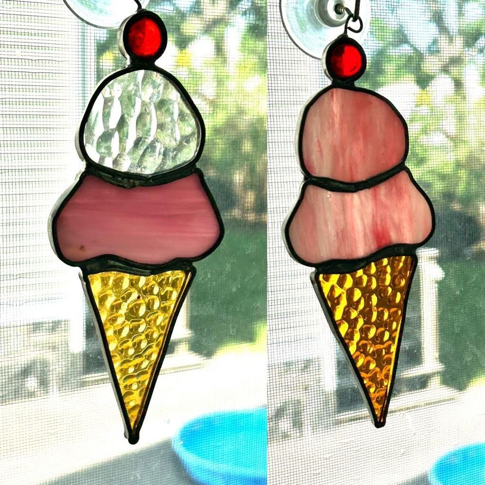 Ice Cream Cone SunCatcher Stained Glass Window Decor Vintage Handmade (2)